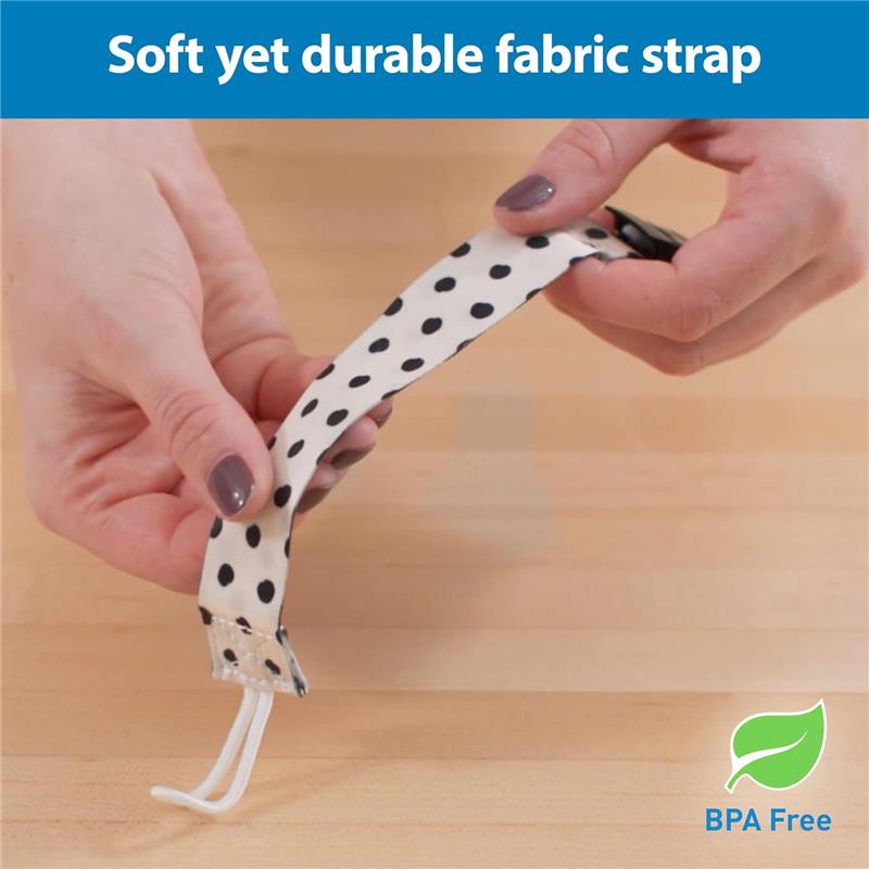 Soft fabric strap with black dots for pacifiers, featuring a durable clip and marked BPA Free.