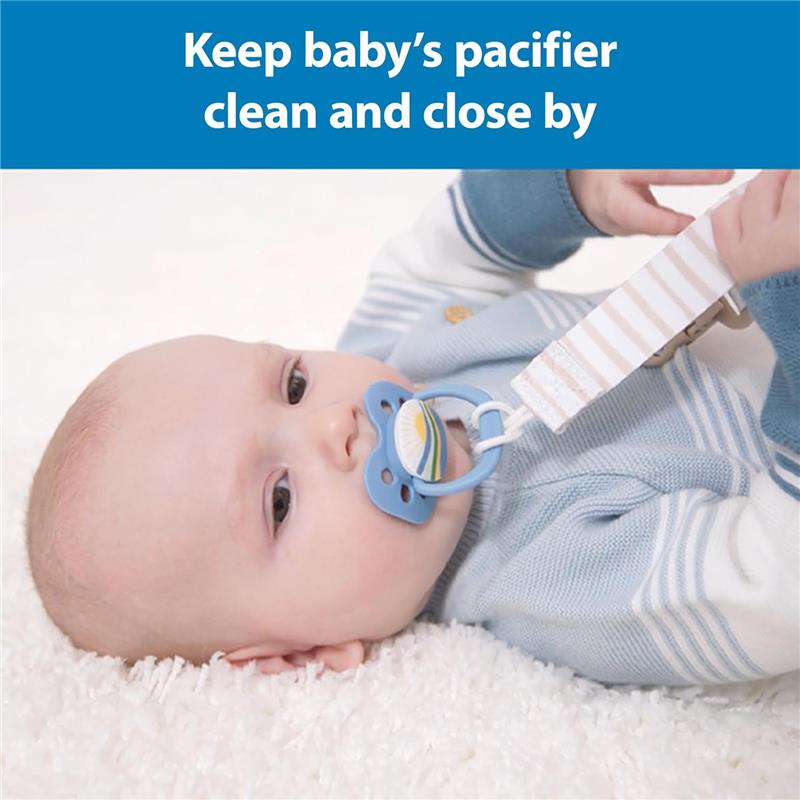 Two pacifier clips with a fabric strap, featuring a baby lying on a soft surface holding a pacifier.