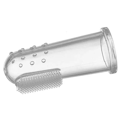 Silicone finger brush with textured surface and bristles, designed for dental care for infants.