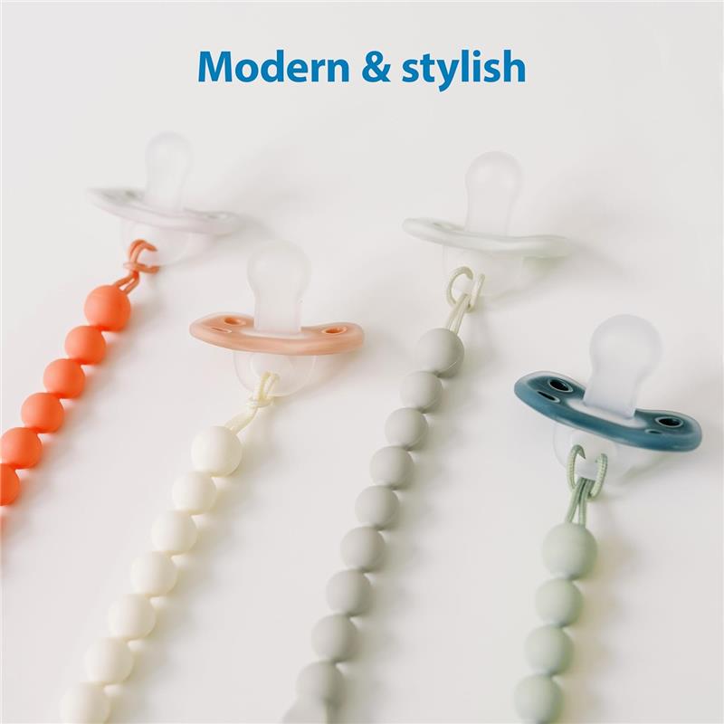 Silicone pacifier clips in pink and ecru, featuring modern designs with colorful beads for stylish baby essentials.