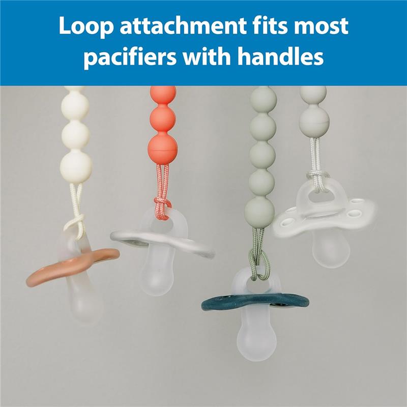 Silicone pacifier clips in pink and ecru, designed to fit various pacifiers with handles, shown with multiple clips.