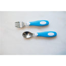 Soft-grip blue fork and spoon set for toddlers, featuring stainless steel heads and ergonomic handles for easy use.