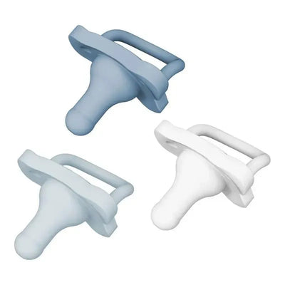 Three silicone pacifiers in blue and white, featuring one-piece designs and easy-grip handles.