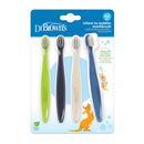 Four infant-to-toddler toothbrushes in green, dark blue, ecru, and blue, designed for babies 0-3 years, soft bristles visible.