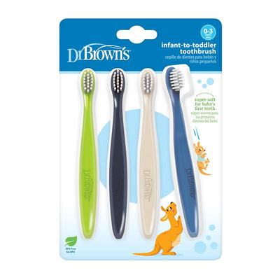 Four infant-to-toddler toothbrushes in green, dark blue, ecru, and blue, designed for babies 0-3 years, soft bristles visible.