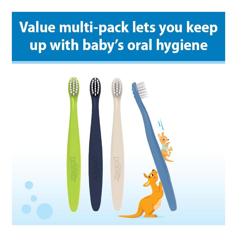 Four colorful toothbrushes for infants and toddlers in green, dark blue, ecru, and blue, promoting oral hygiene.