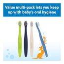 Four colorful toothbrushes for infants and toddlers in green, dark blue, ecru, and blue, promoting oral hygiene.