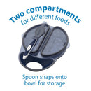 Four-piece toddler feeding set featuring a divided bowl with a spoon that snaps onto the bowl for easy storage.