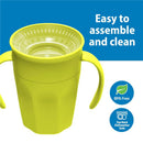 Yellow toddler cup with handles, featuring easy assembly and cleaning, marked BPA Free and top-rack dishwasher safe.