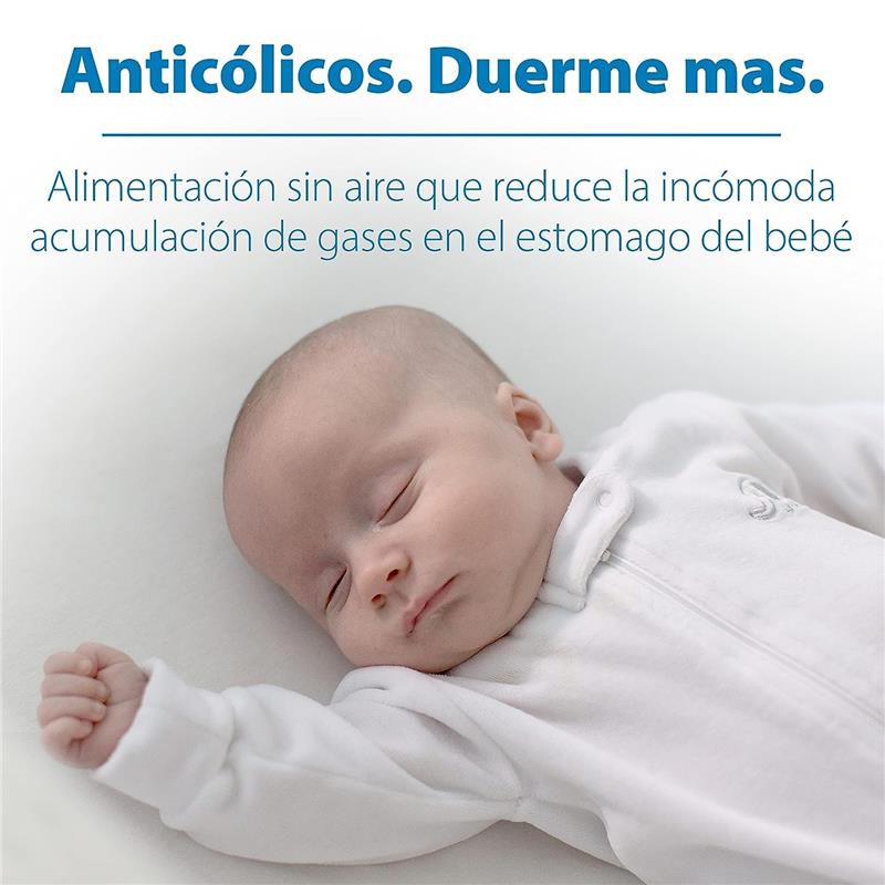 Bebé dormido en un pijama blanco, con un texto que habla sobre la reducción de gases en el estómago del bebé.