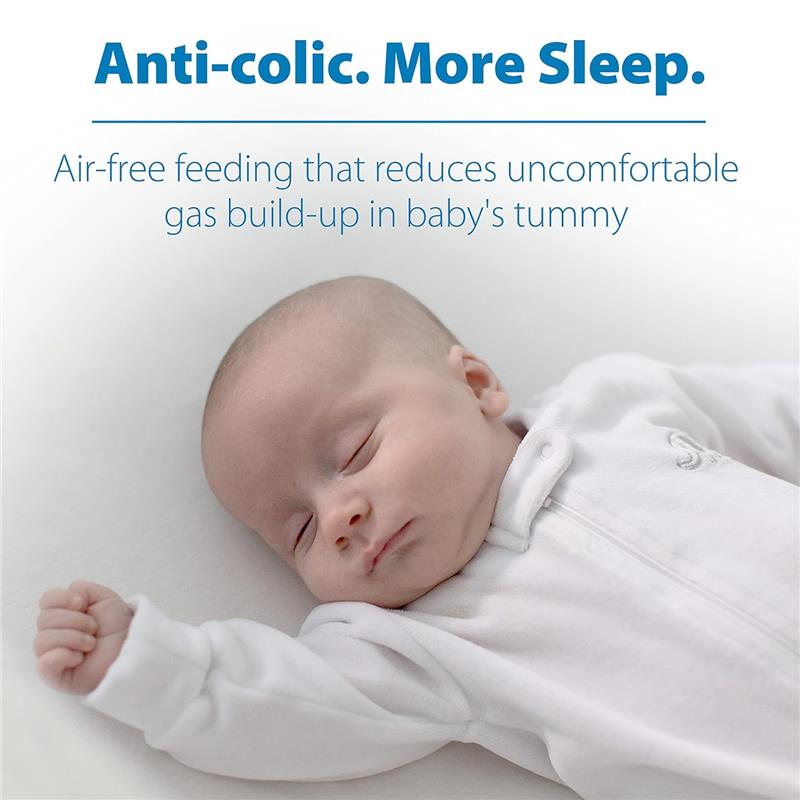 Baby asleep in a white onesie, with text promoting anti-colic benefits and air-free feeding for less gas.