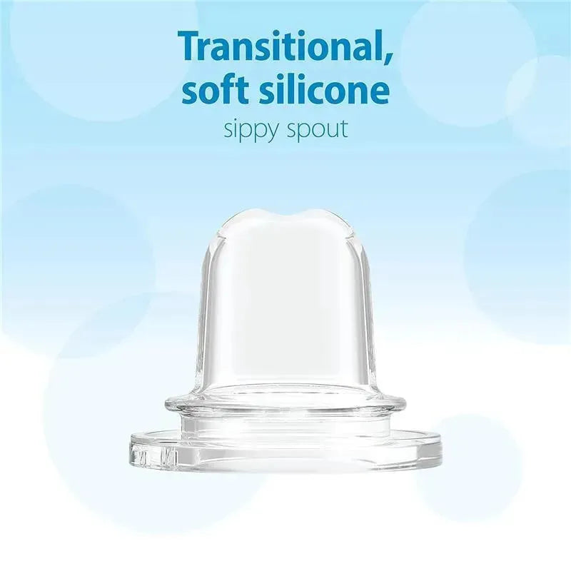 Transitional soft silicone sippy spout displayed against a light blue background with text highlighting its features.