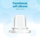 Transitional soft silicone sippy spout displayed against a light blue background with text highlighting its features.