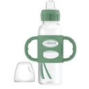 8 oz transparent sippy bottle with a green silicone grip and handles, featuring a removable clear spout cap.
