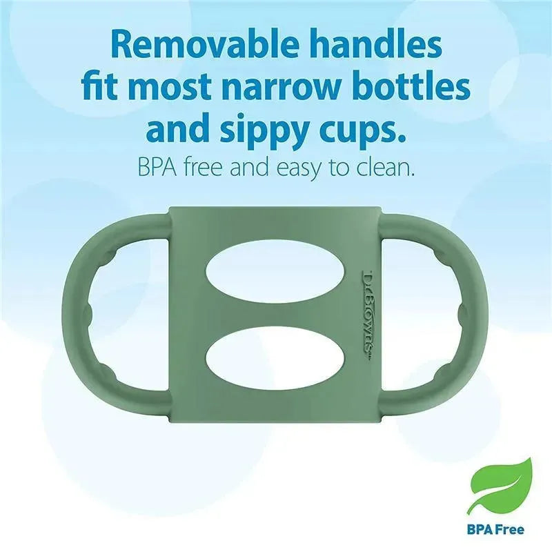 Narrow silicone handles in green for sippy bottles, labeled BPA free and easy to clean.