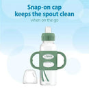 Narrow sippy spout bottle with silicone handles in green, featuring a snap-on cap for cleanliness.
