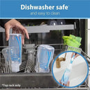 Narrow anti-colic baby bottles in a dishwasher, highlighting their easy cleaning with a hand holding one bottle.