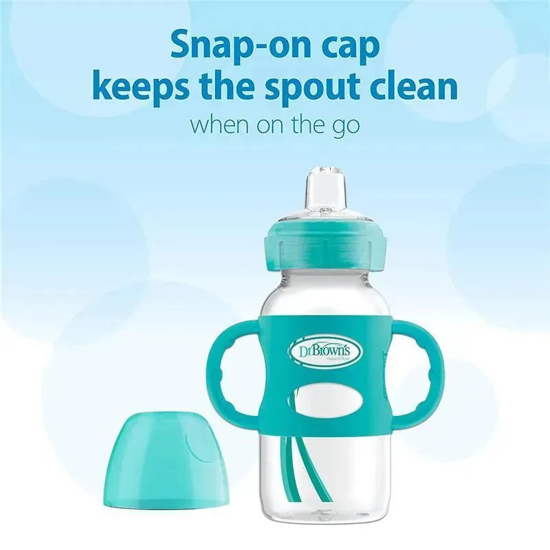 Light blue Dr. Brown 9 oz wide-neck sippy spout bottle with silicone handles and snap-on cap for cleanliness.