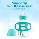 Light blue Dr. Brown 9 oz wide-neck sippy spout bottle with silicone handles and snap-on cap for cleanliness.