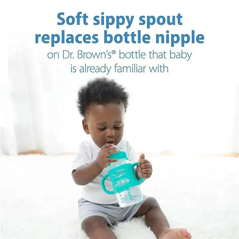 9 oz wide-neck light blue sippy spout bottle with silicone handles, being used by a baby sitting on a soft surface.