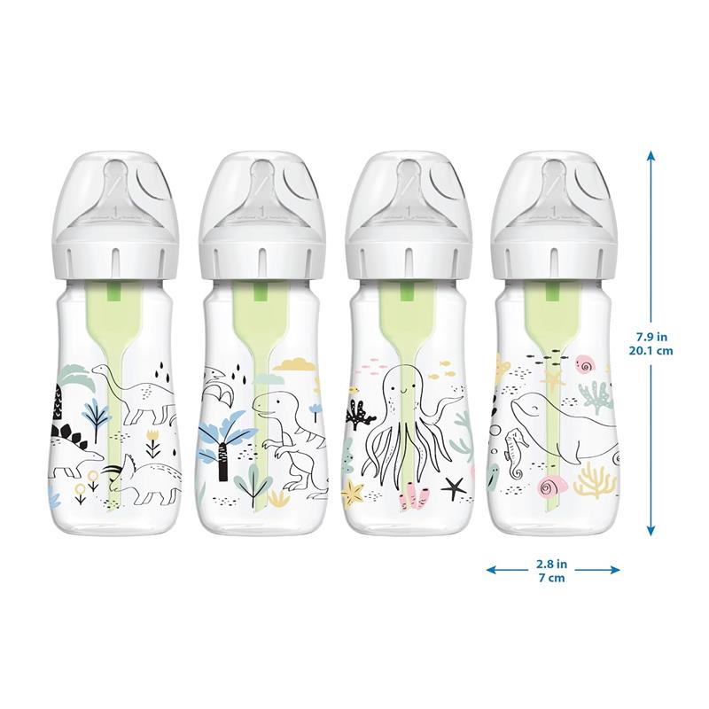 Wide-neck designer baby bottles featuring ocean-themed illustrations, including dinosaurs and sea creatures, in a 2-pack.