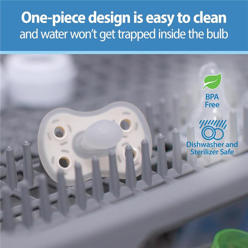 One-piece silicone baby pacifier in blue, highlighting easy cleaning and BPA-free features, with labels for dishwasher and sterilizer safety.