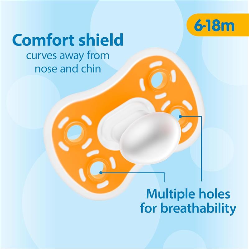 One-piece silicone baby pacifier in pink with a comfort shield design, suitable for ages 6-18 months.