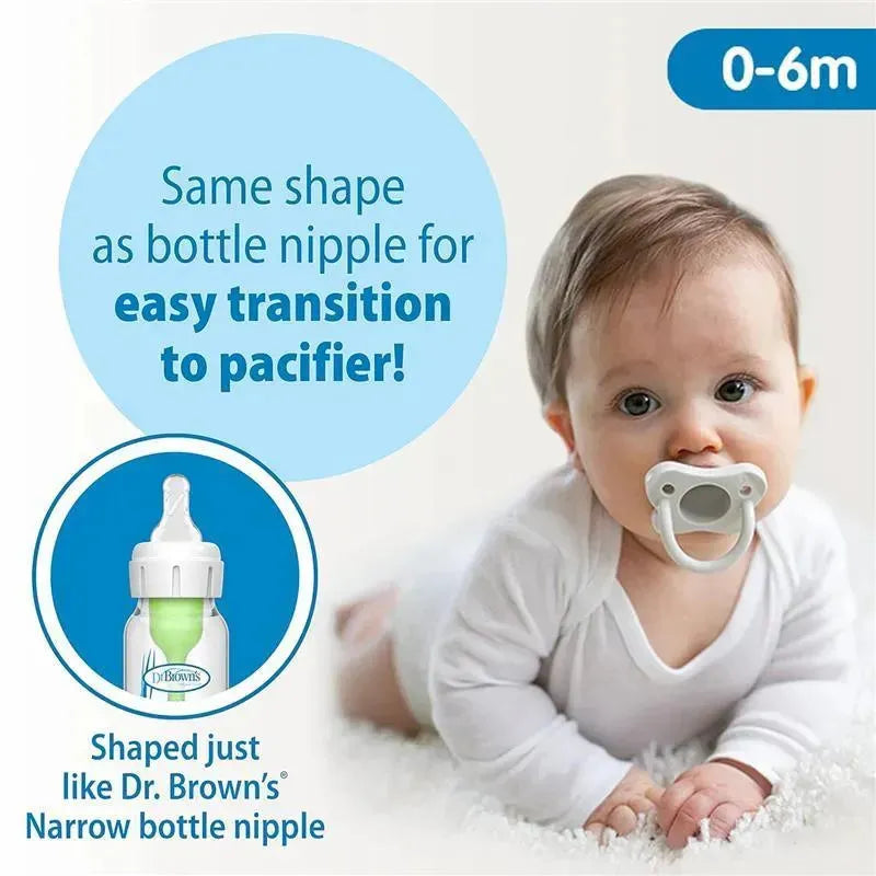 Narrow Anti-Colic Baby Bottle Gift Set featuring a baby with a pacifier, highlighting easy transition to pacifier.