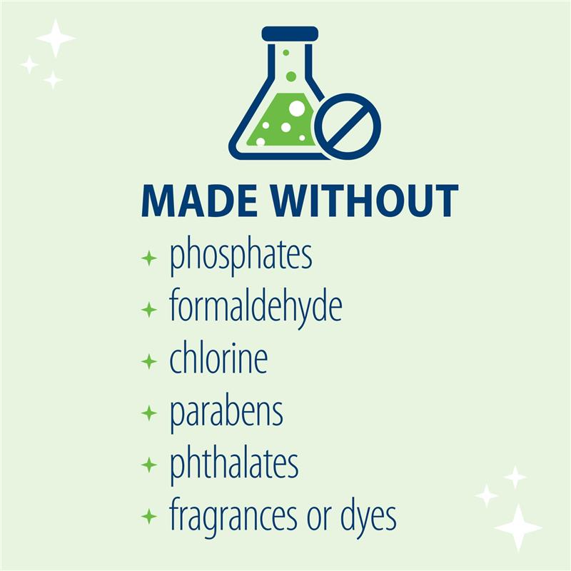 Fragrance-free cleaning product information highlighting ingredients not included: phosphates, formaldehyde, chlorine, parabens, phthalates, dyes.