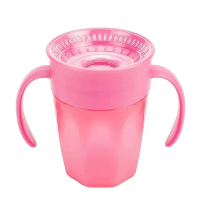 Spoutless pink training cup with two handles, designed for toddlers to drink safely without spills.