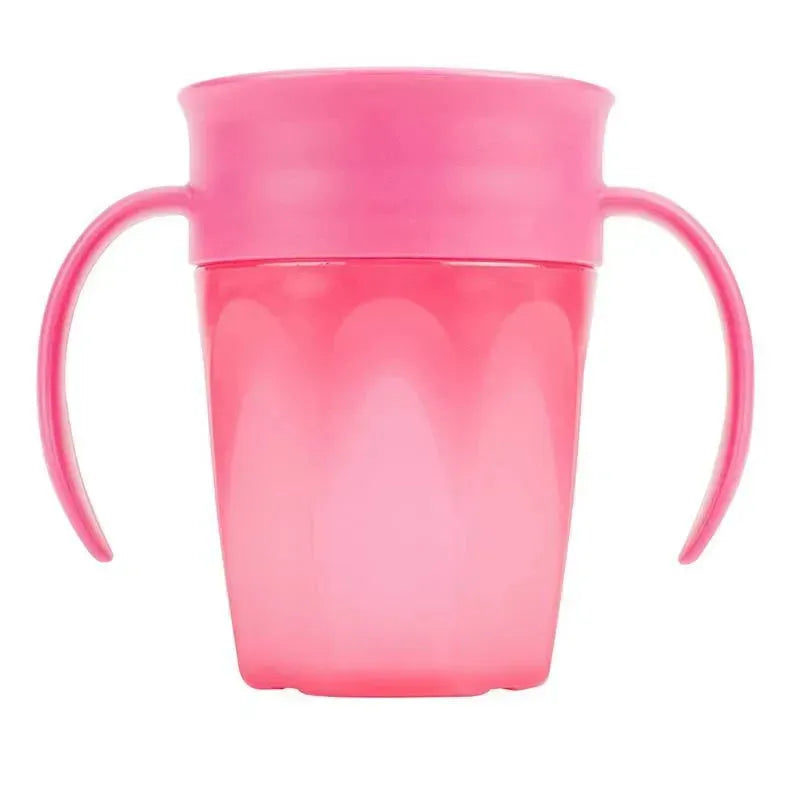 Spoutless pink training cup with two handles, designed for toddlers, promoting independent drinking.