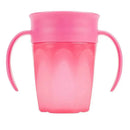 Spoutless pink training cup with two handles, designed for toddlers, promoting independent drinking.
