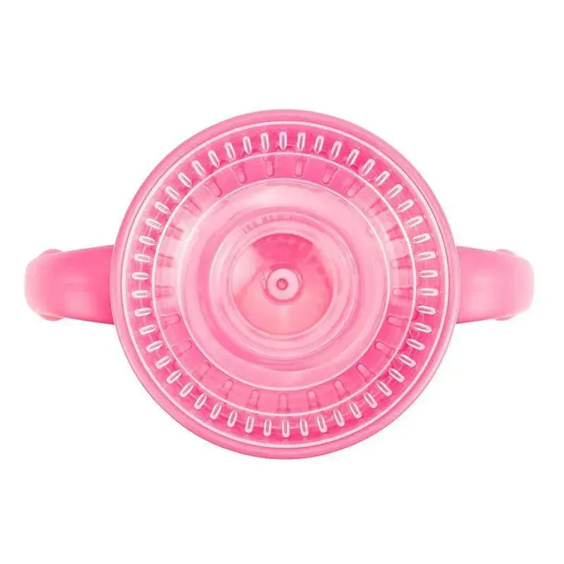 Spoutless pink training cup with handles, featuring a 360-degree sipping edge for easy drinking.