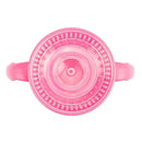 Spoutless pink training cup with handles, featuring a 360-degree sipping edge for easy drinking.