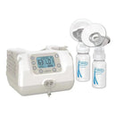 Double electric breast pump featuring a digital display, two milk bottles, and breast shields, designed for efficient pumping.