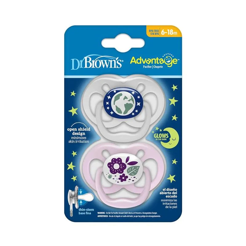 Dr. Brown’s Advantage Pacifiers, Stage 2, Glow In The Dark, Pink/Gray, 2-Pack with open shield design and floral graphics.