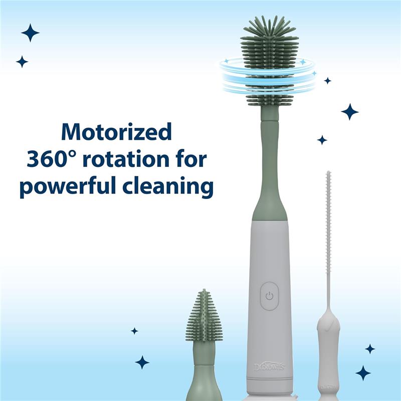 Electric silicone bottle brush set featuring a motorized brush with 360° rotation and a cleaning detail brush.