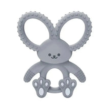 Gray silicone teether shaped like a bunny with textured ears and paws, designed for infants.