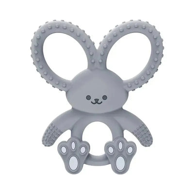 Gray silicone teether shaped like a bunny with textured ears and paws, designed for infants.