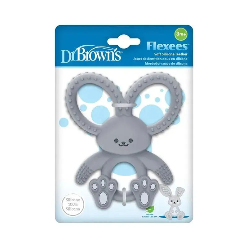 Gray silicone teether shaped like a bunny, featuring textured ears and paws, suitable for children 3 months and older.