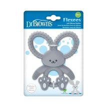 Gray silicone teether shaped like a bunny, featuring textured ears and paws, suitable for children 3 months and older.