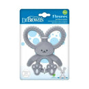 Gray silicone teether shaped like a bunny, featuring textured ears and paws, suitable for children 3 months and older.