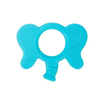 Teether shaped like an elephant, made from soft blue material with textured surfaces for infants to chew on.