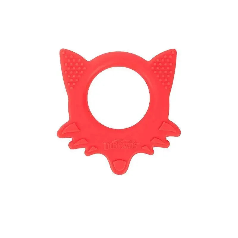 Red silicone teether shaped like a fox with textured ears, designed for infants to alleviate teething discomfort.