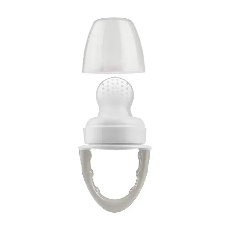 Silicone feeder in grey with a removable cap and a textured nipple for infants to safely explore and eat solid foods.