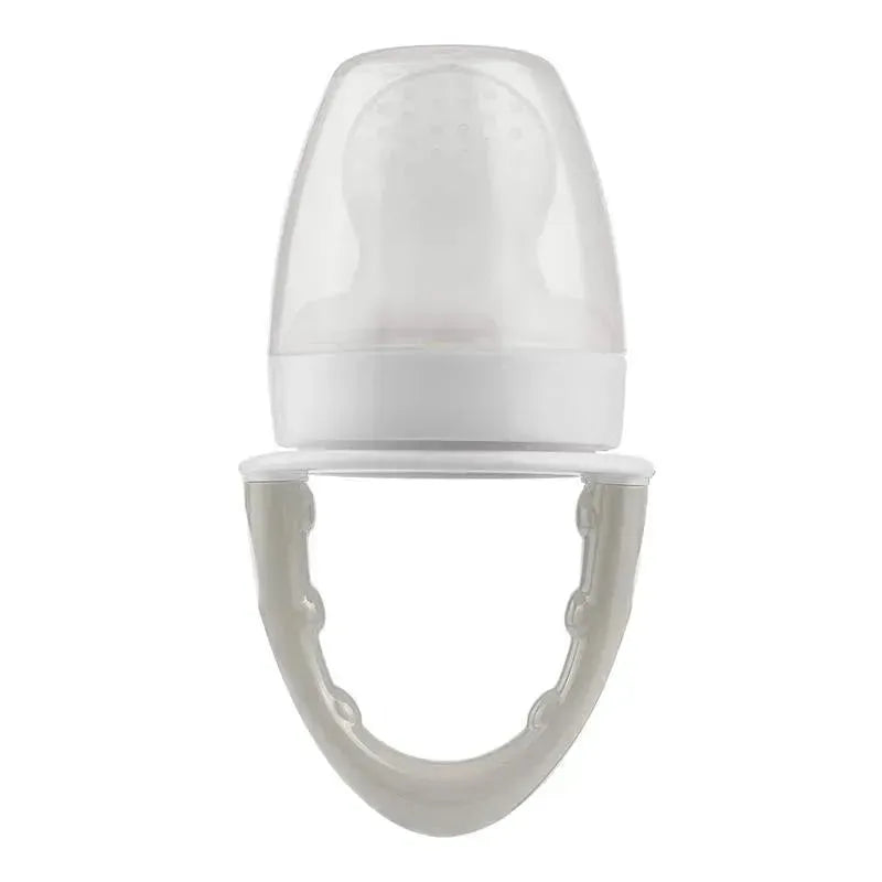 Grey silicone feeder designed for infants, featuring a soft, textured mesh top and a sturdy grip handle.
