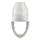 Grey silicone feeder designed for infants, featuring a soft, textured mesh top and a sturdy grip handle.