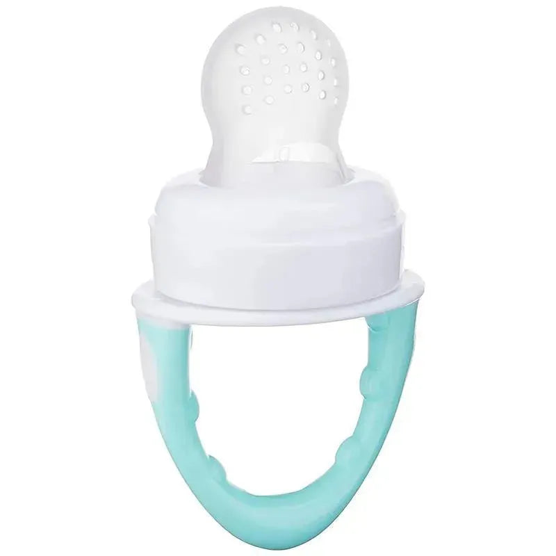 Silicone feeder in mint color with a textured white top and a handle, designed for infants to safely explore solid foods.