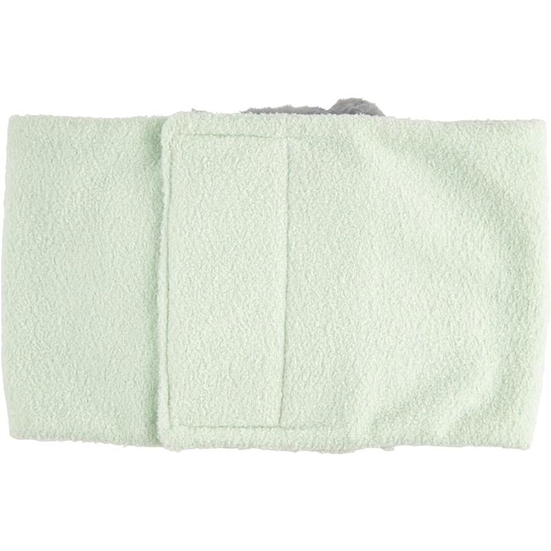 Green fleece infant gripe belt with a soft texture, designed to provide comfort for babies.