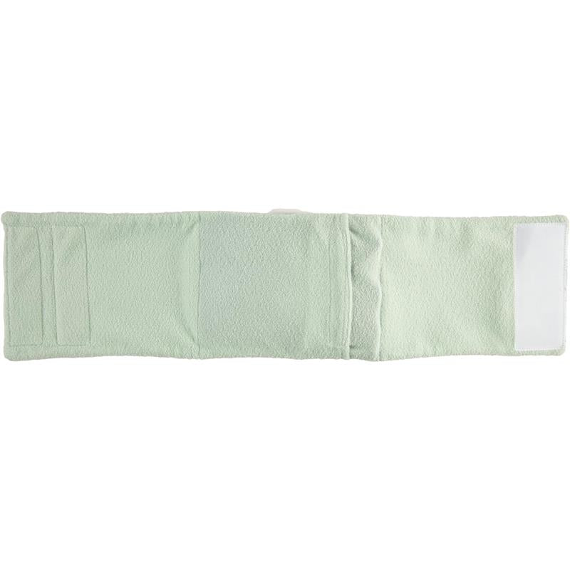 Soft green infant gripe belt with adjustable Velcro straps, designed for soothing colicky babies.
